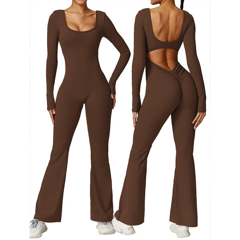 Pleated backless long-sleeved flared jumpsuit