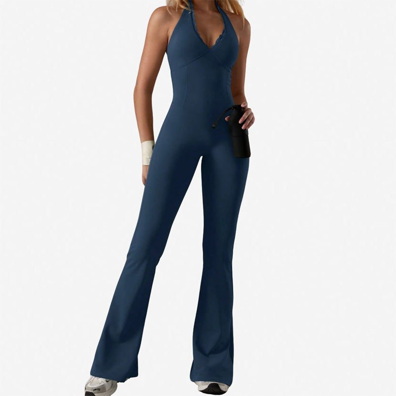 V-neck halter-neck flared jumpsuit