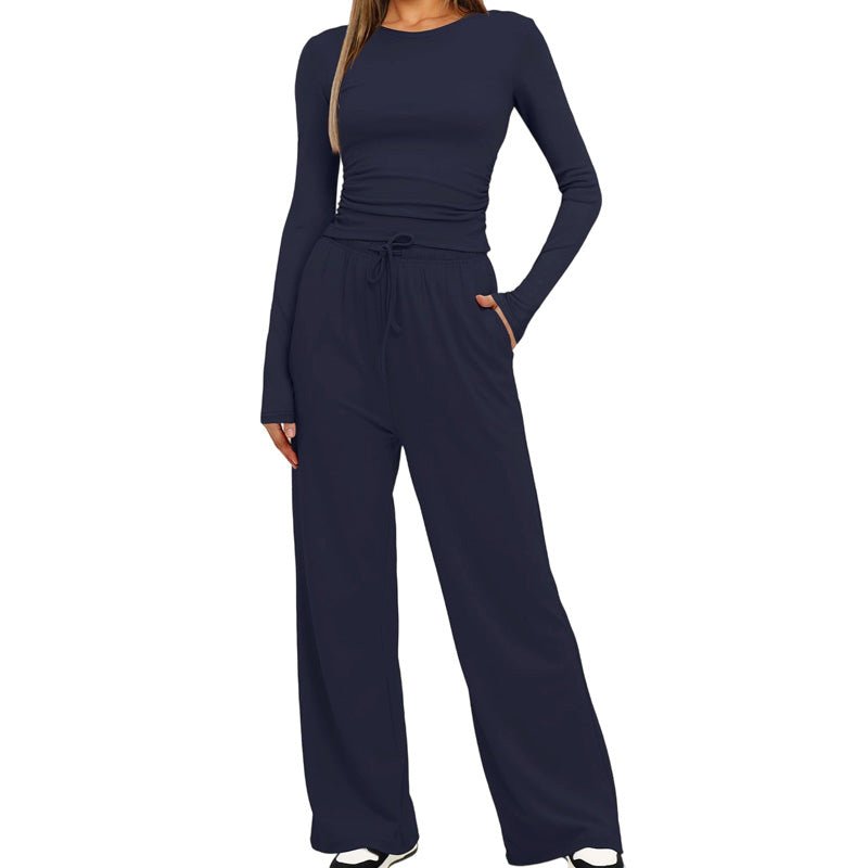 Casual long-sleeved high-waisted wide-leg pants suit