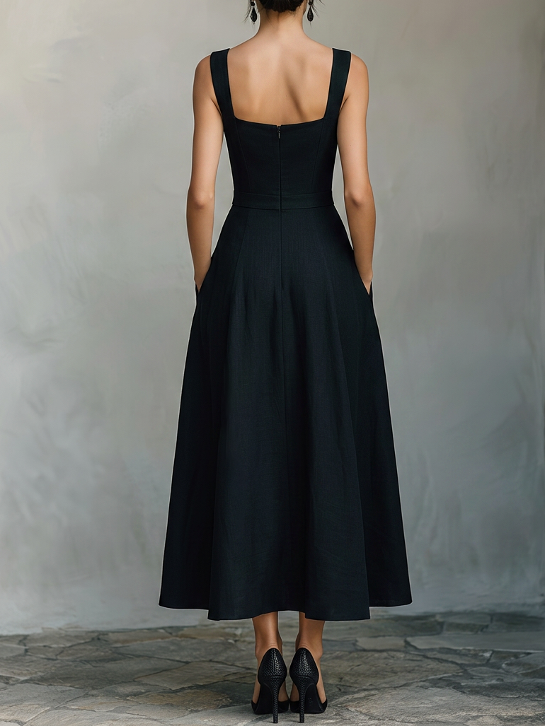 Women’s Square Neck Sleeveless Black A‑Line Maxi Dress With Pockets