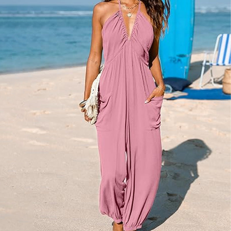 V-neck backless loose-fitting jumpsuit