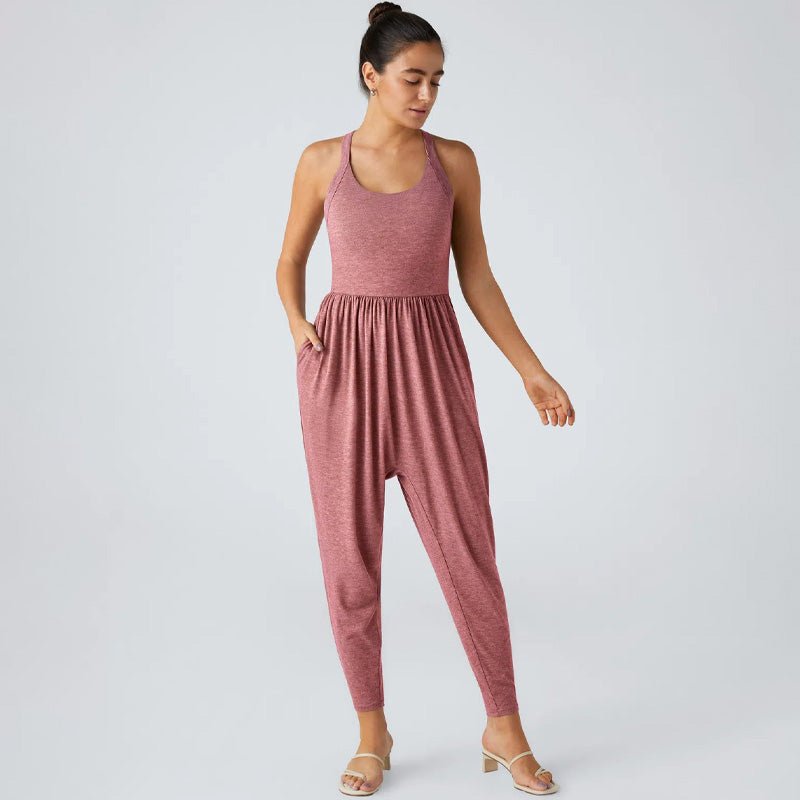 Knitted casual backless cross-strap jumpsuit