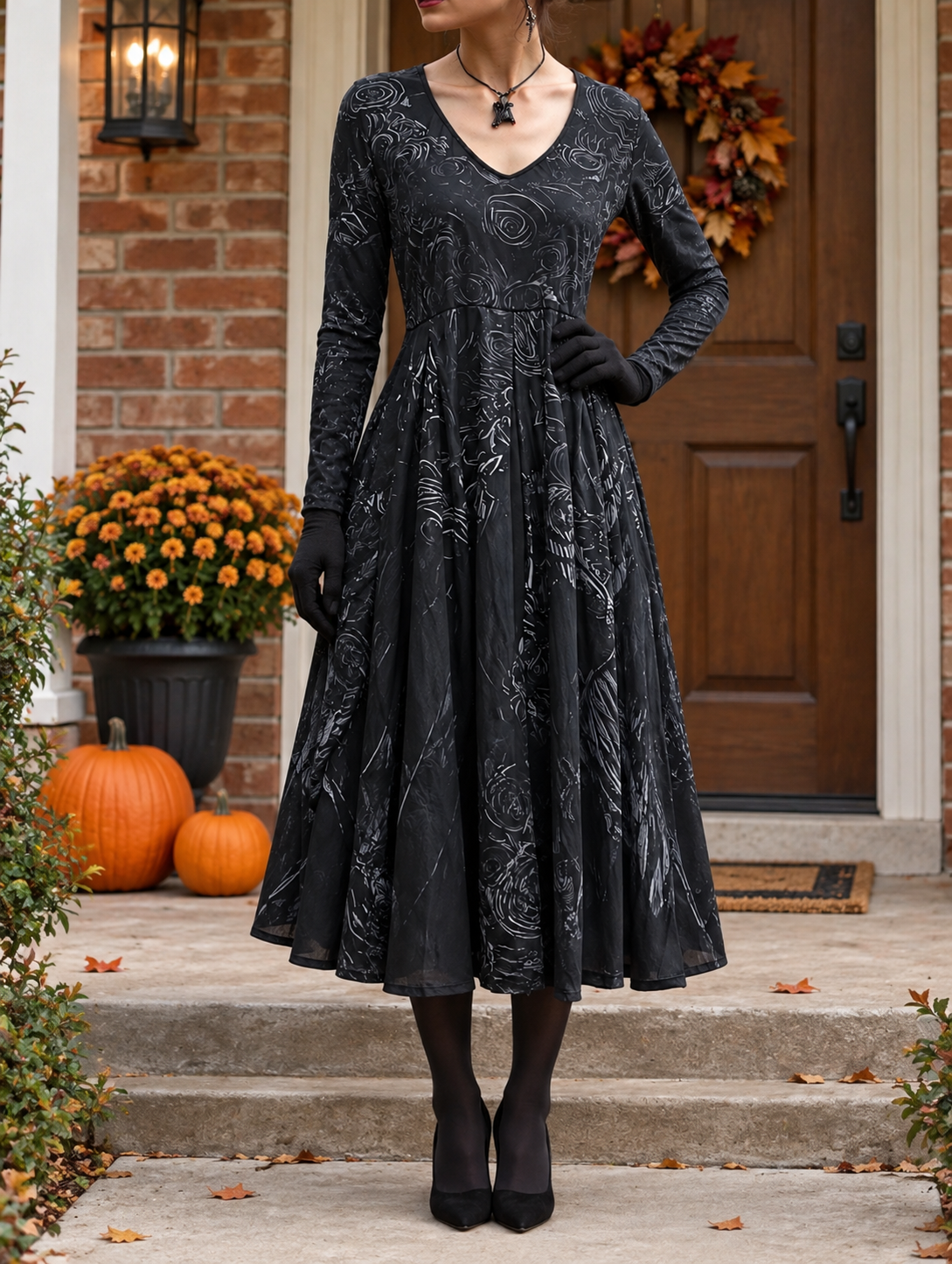 Women's Halloween Black Maxi Dress | Long Sleeve