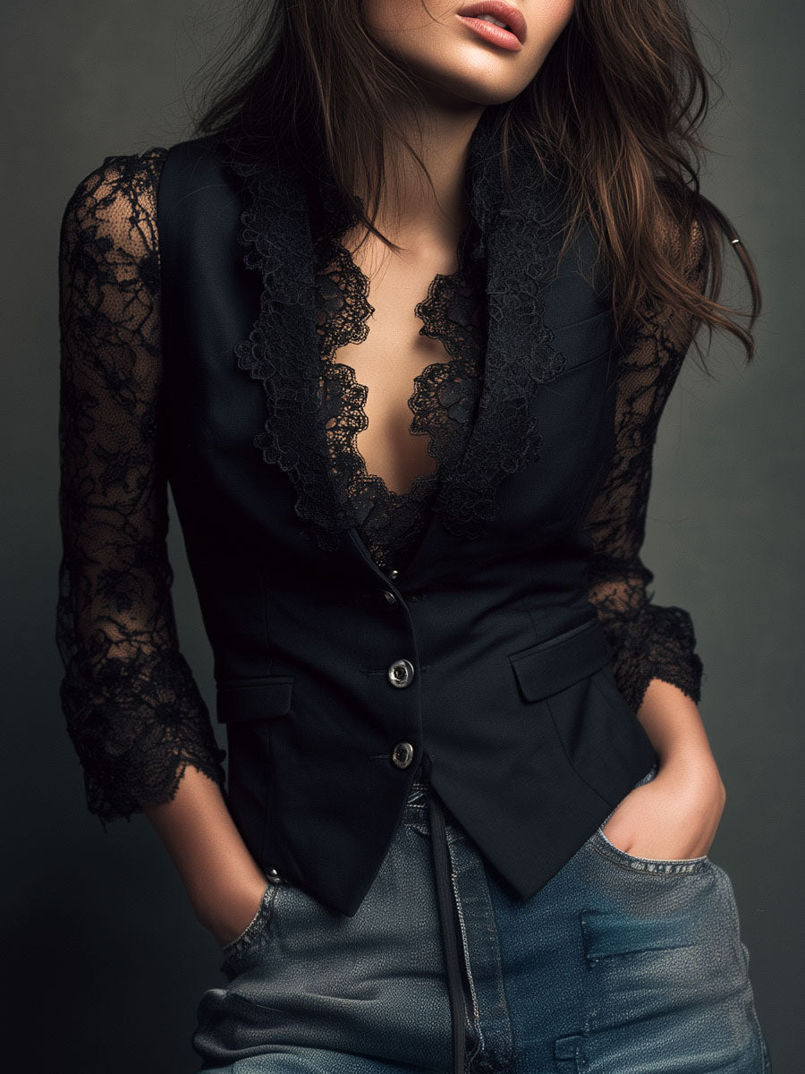 Noémie | Black Jacket with Sheer Sleeves