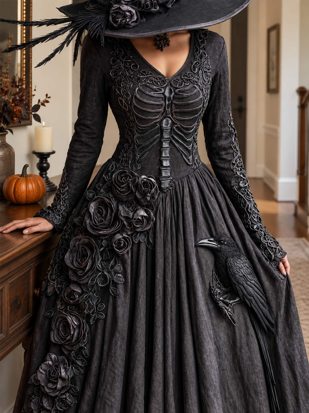 Women's Halloween Black Maxi Dress | Long Sleeve