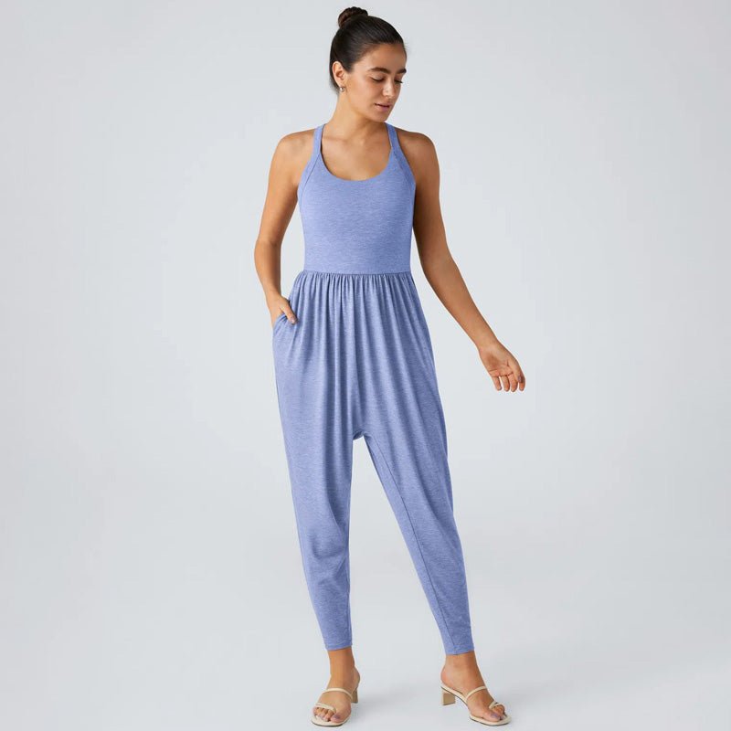 Knitted casual backless cross-strap jumpsuit