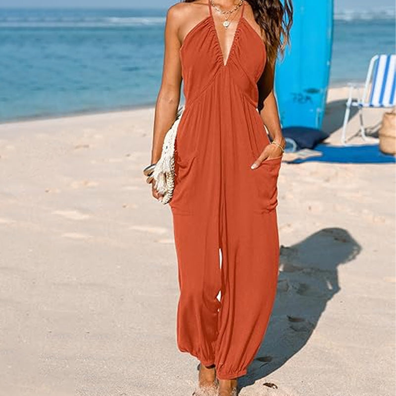 V-neck backless loose-fitting jumpsuit