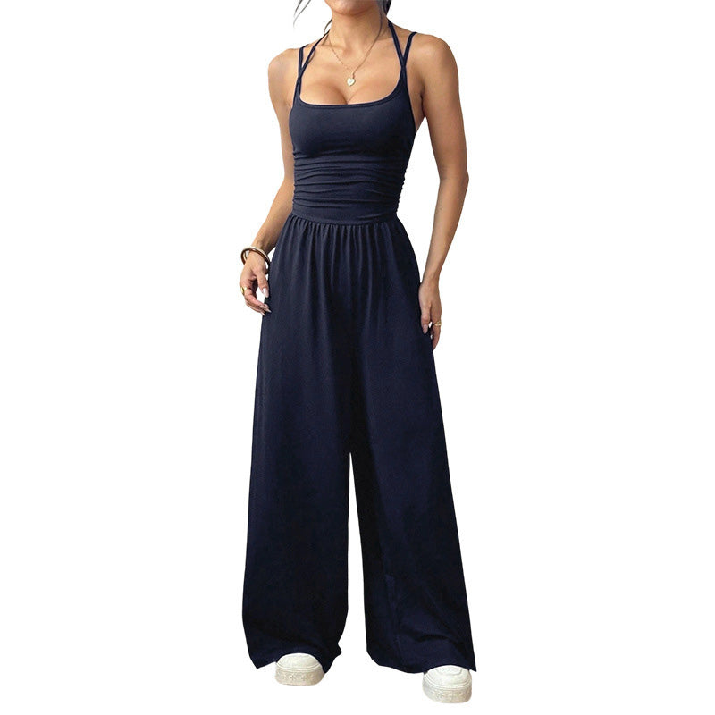 Backless Halter Ruched High Waist Wide Leg Jumpsuit
