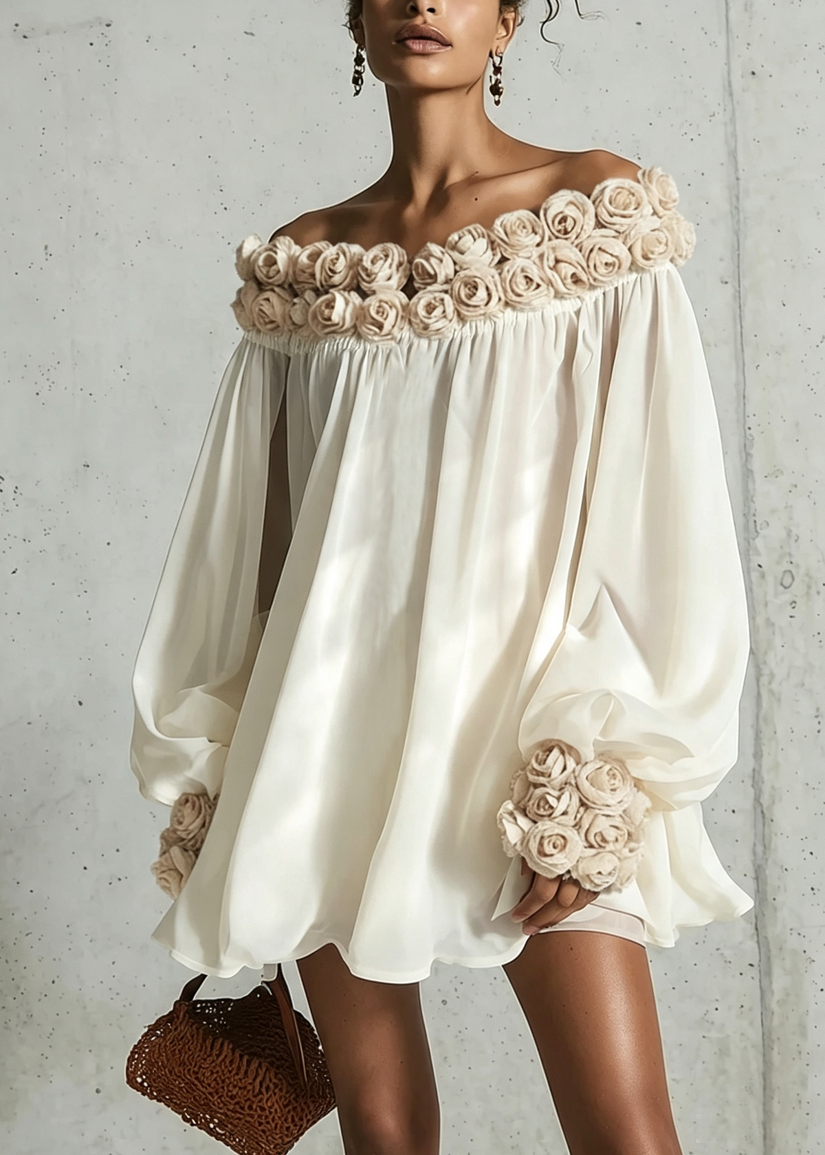 White Loose Long Sleeve Mini Dress With 3D Floral Detail
