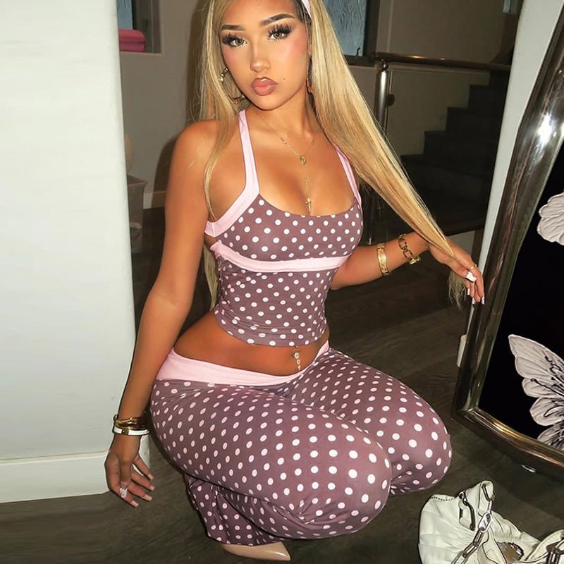 Retro polka dot backless camisole two-piece set