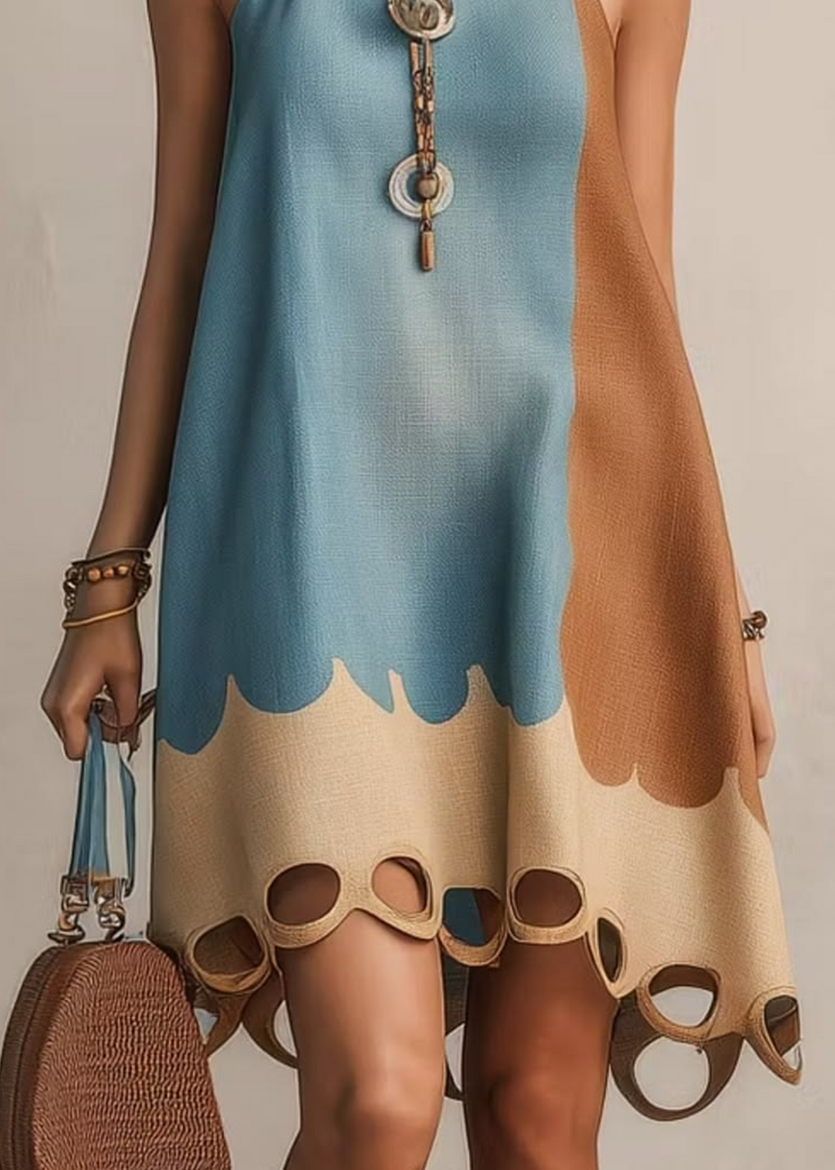 Blue Halter Color‑Block Loose A‑Line Mini Dress