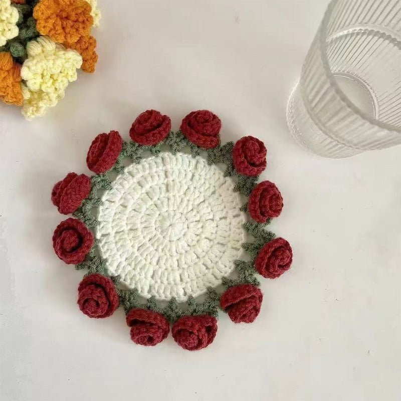 3D Floral Knitted Coaster and Storage Basket Set