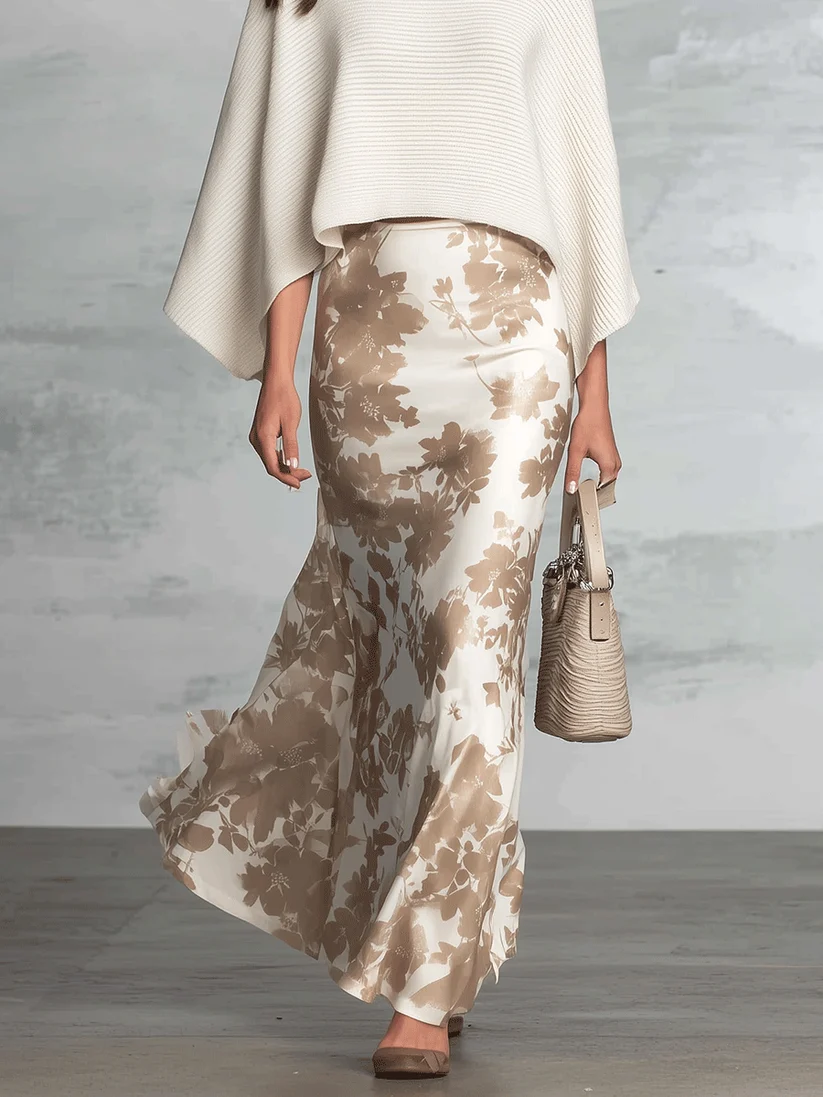 White Knit Shawl Top & Printed Maxi Skirt Set
