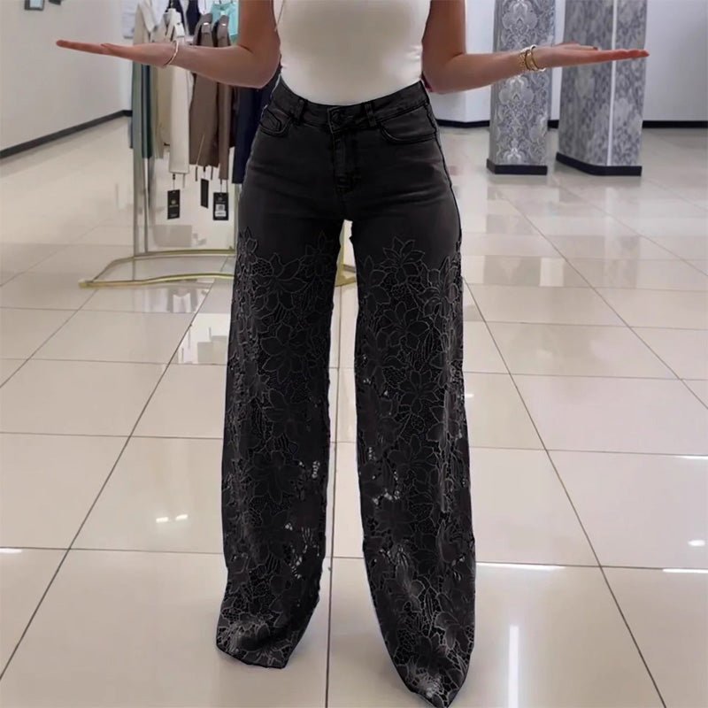 High-waisted floral cutout wide-leg jeans