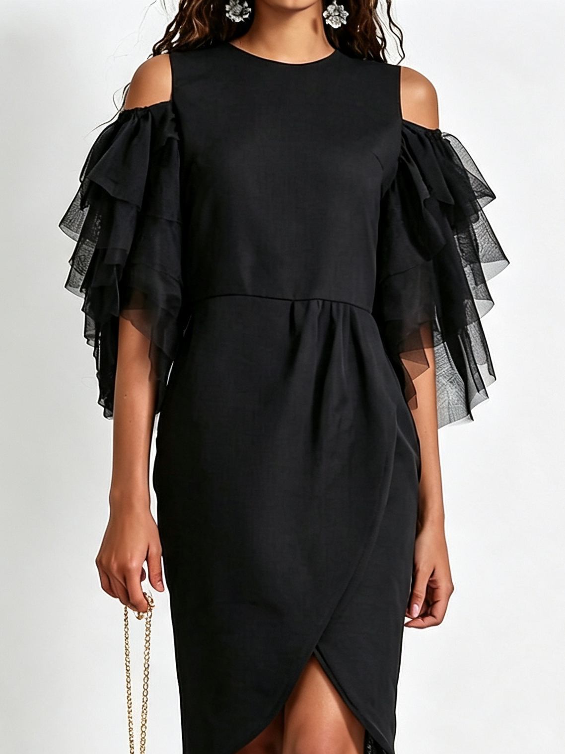Black Off Shoulder Mesh Ruffle Midi Dress Round Neck Wrap Split Bodycon Cocktail Dress