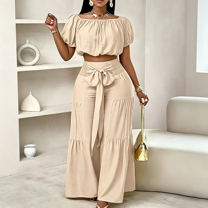 Off-shoulder puff sleeve wide-leg pants two-piece set