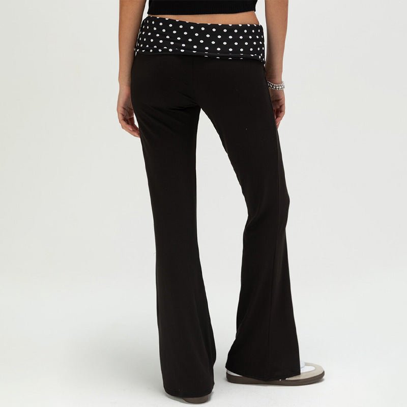 Polka dot high-waisted faux fold-over belt flared pants