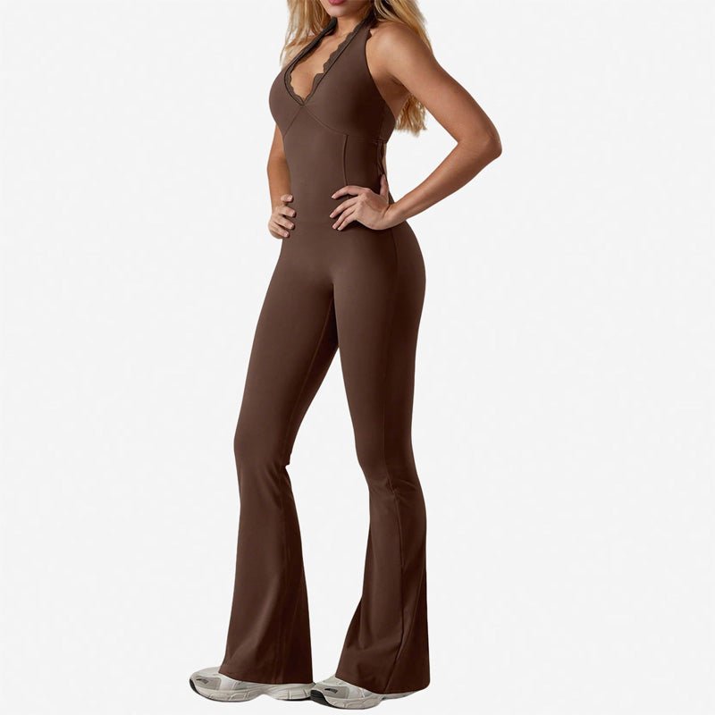 V-neck halter-neck flared jumpsuit