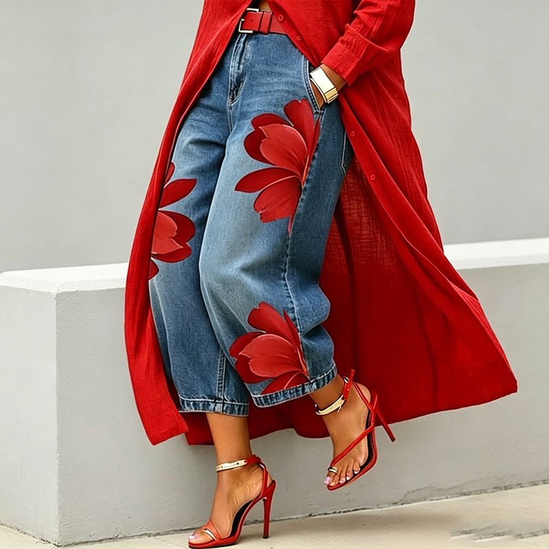 Printed straight-leg wide-leg cropped jeans