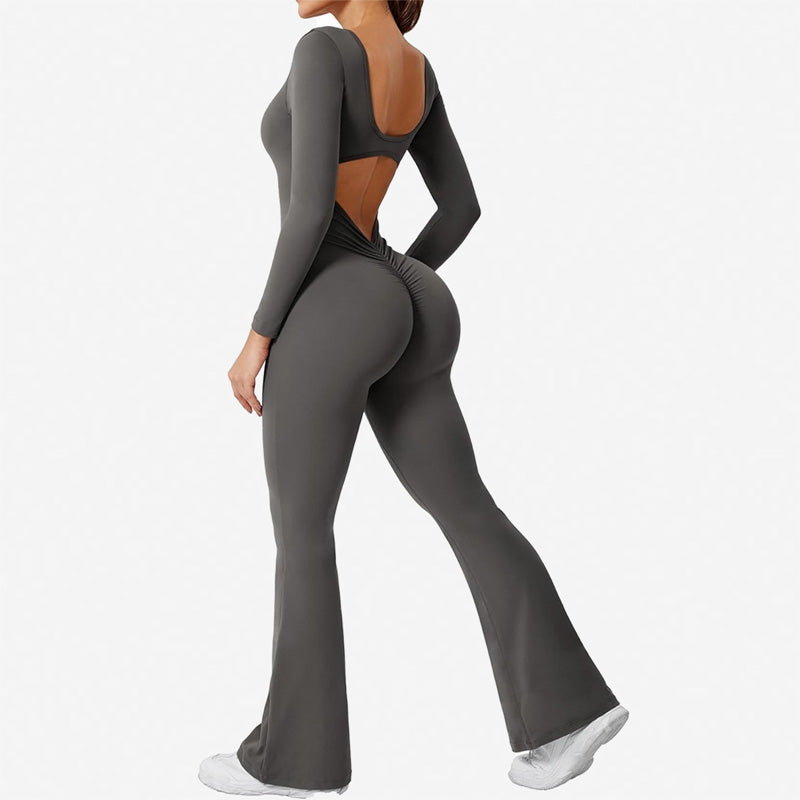 Pleated backless long-sleeved flared jumpsuit