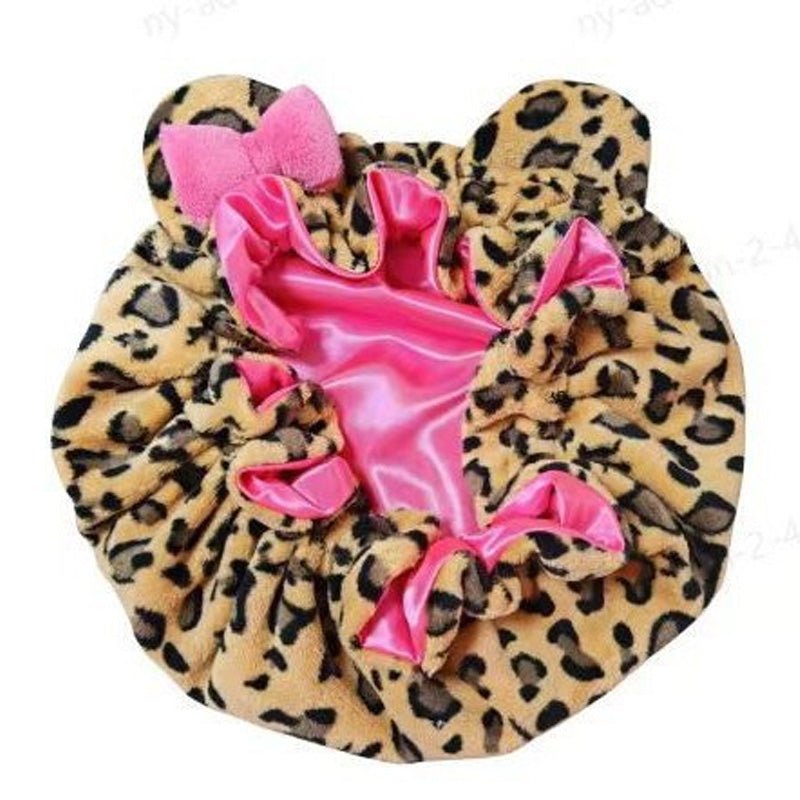3D Ear Bow Leopard Print Satin Night Cap