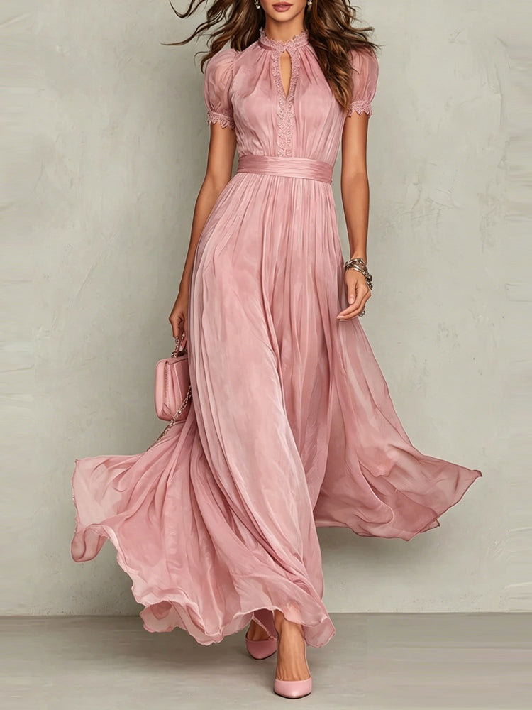 Purple Keyhole Neckline Chiffon Lace Trim Maxi Dress