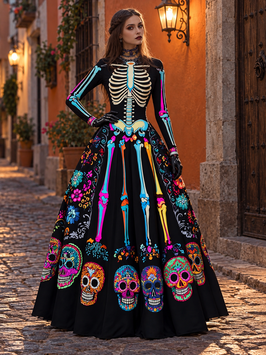 Women's Halloween Long Sleeve Black Maxi Dress | Embroidered