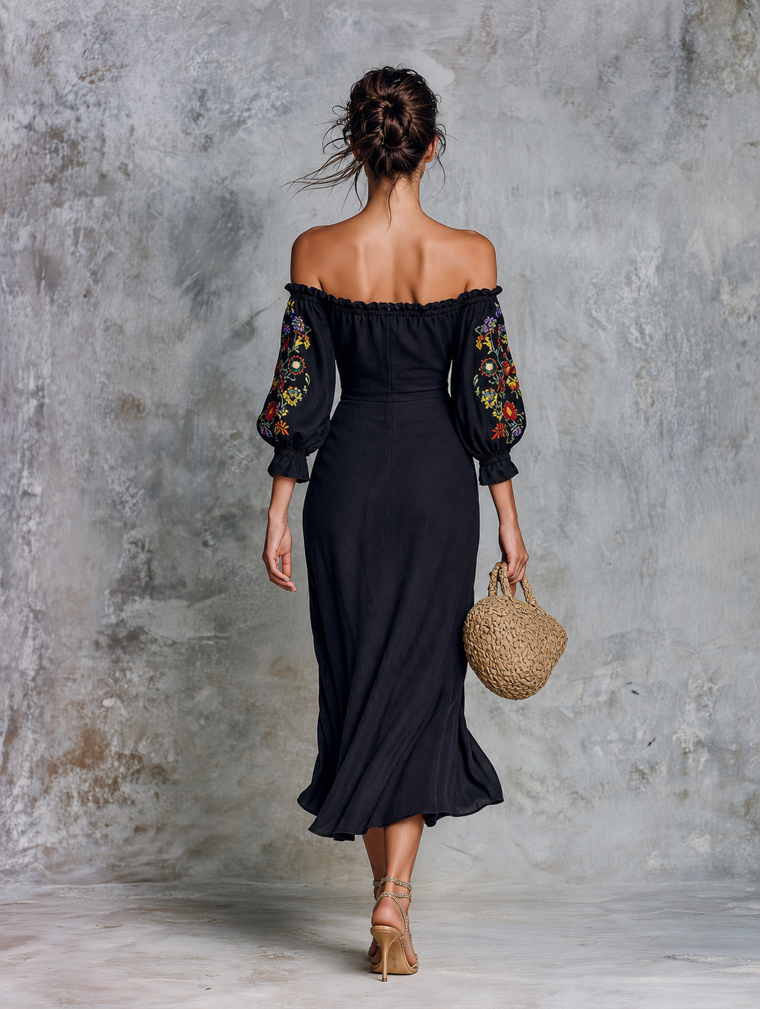 Women’s Off‑Shoulder Puff Sleeve Floral Embroidered Black Midi Dress
