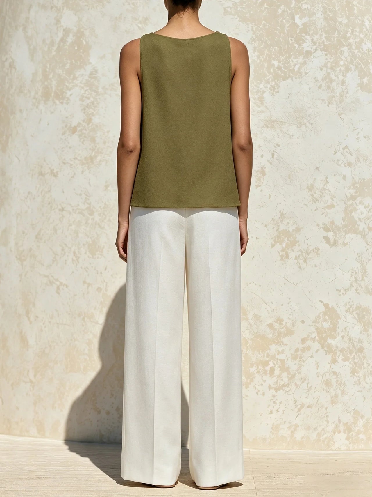 Olive Green Draped Cowl Neck Sleeveless Top & White High Waist Wide Leg Pants Two Piece Outfit