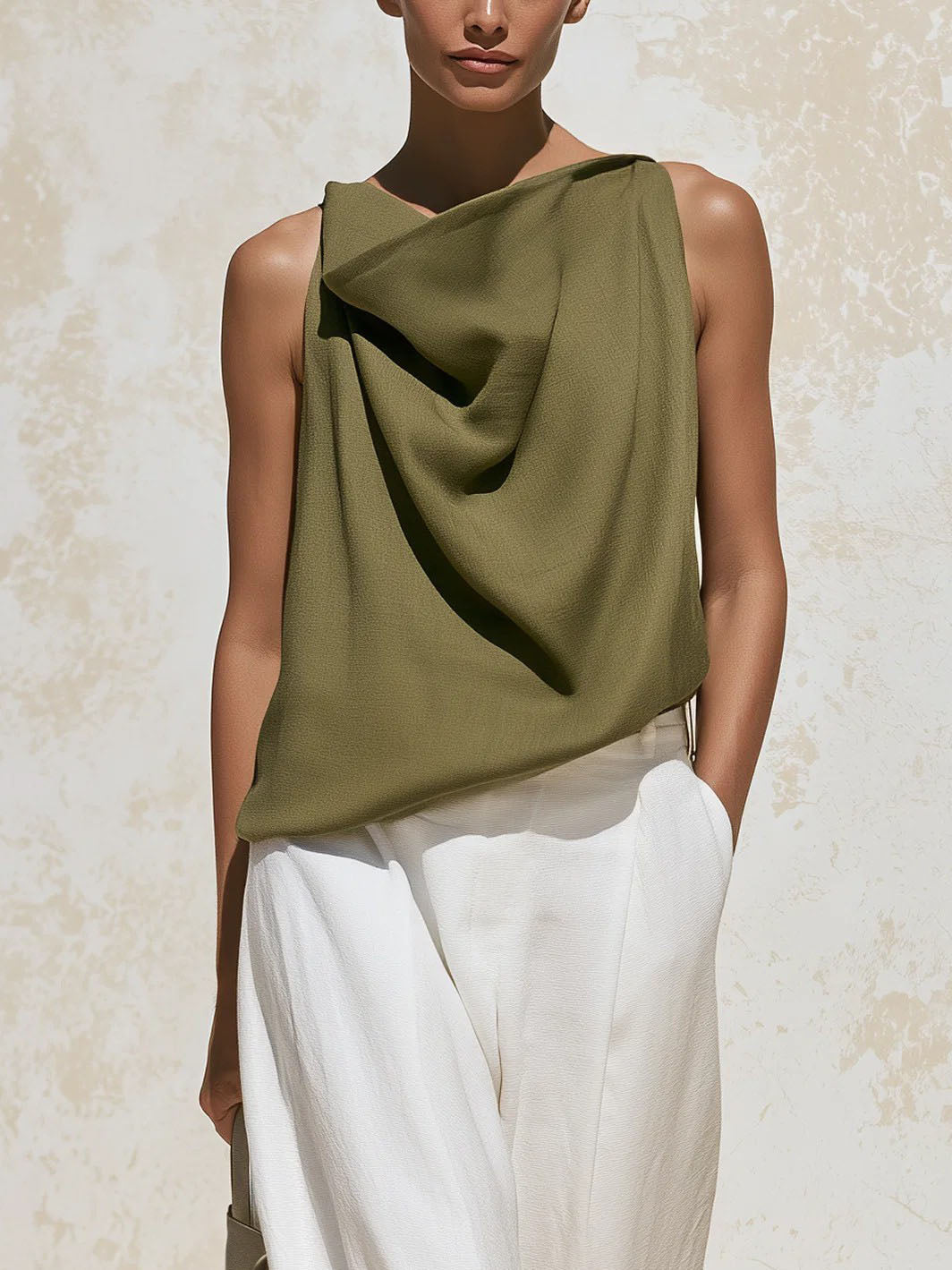 Olive Green Draped Cowl Neck Sleeveless Top & White High Waist Wide Leg Pants Two Piece Outfit