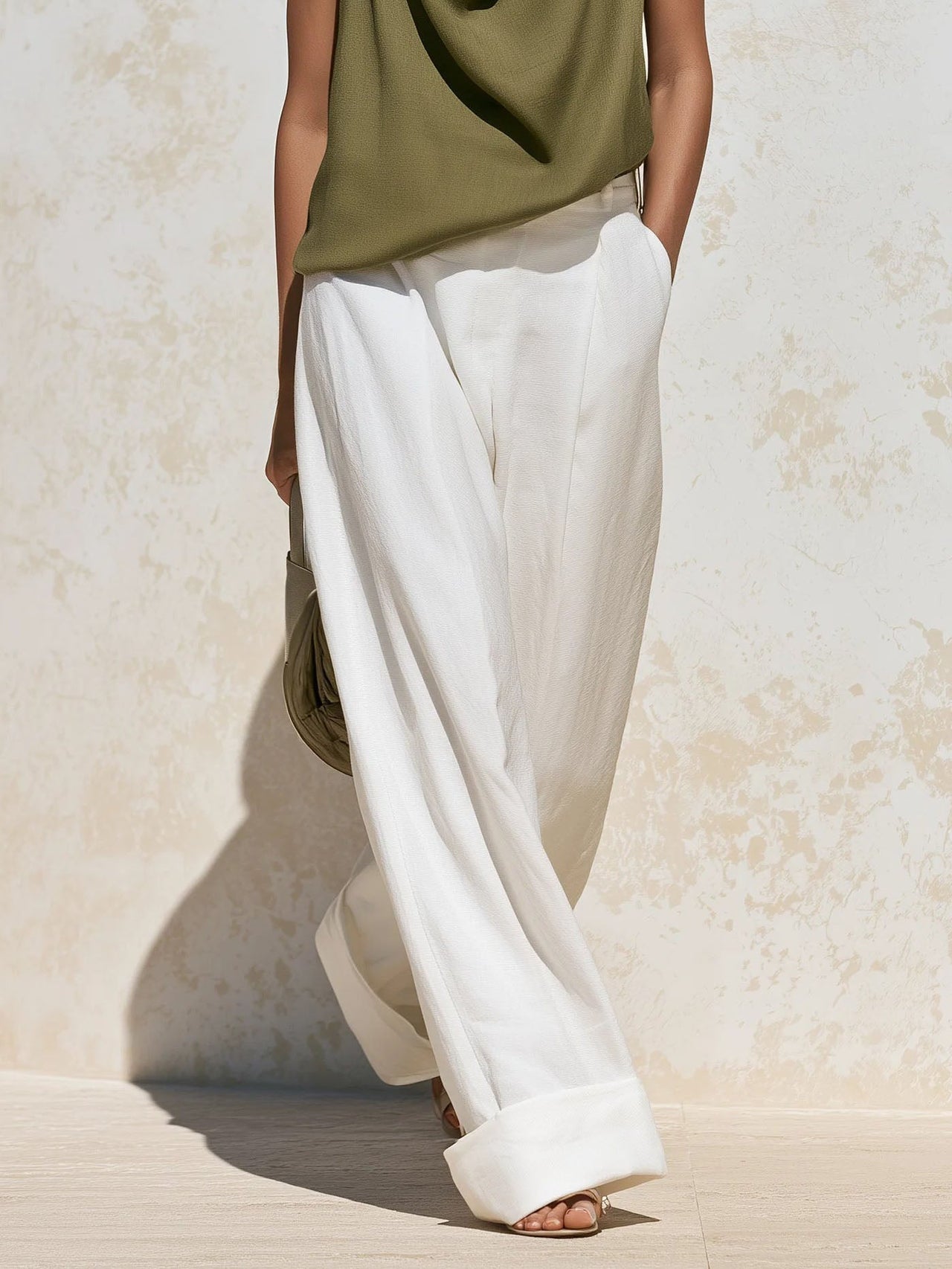 Olive Green Draped Cowl Neck Sleeveless Top & White High Waist Wide Leg Pants Two Piece Outfit