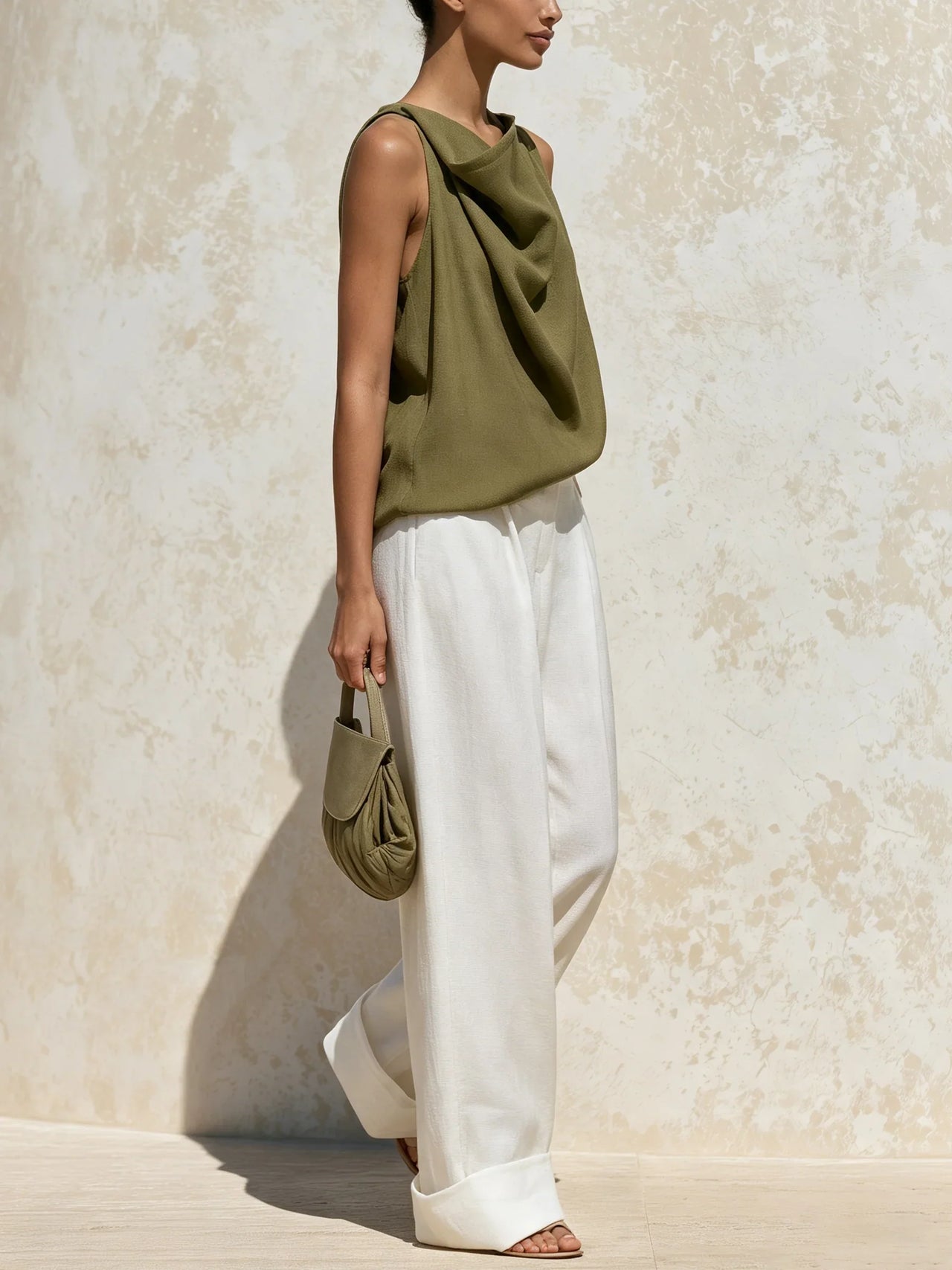 Olive Green Draped Cowl Neck Sleeveless Top & White High Waist Wide Leg Pants Two Piece Outfit