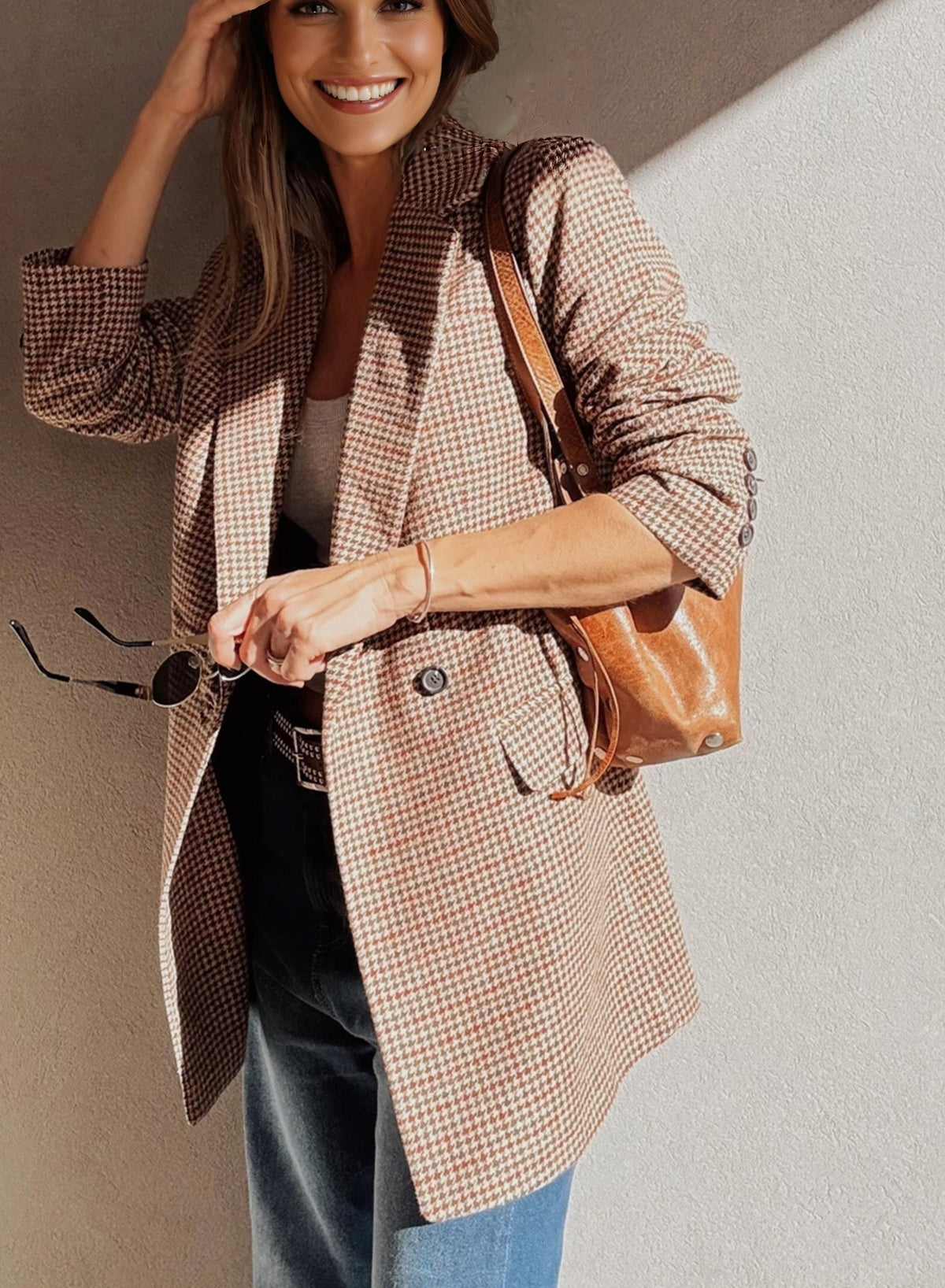 Brown Houndstooth Lapel Collar Blazer