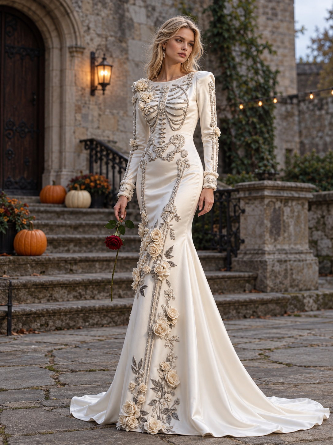 Skeleton Rose Embroidered Dress – Women's Gothic Halloween Dress
