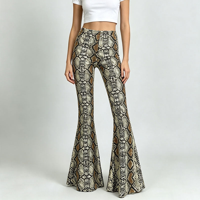 High-waisted, slim-fit animal print flared trousers