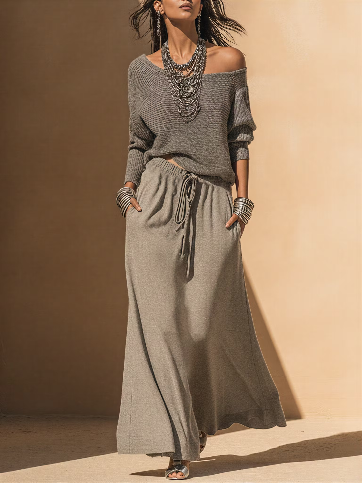 Grey Knit Loose Top & Tie‑Waist Casual Maxi Dress Set