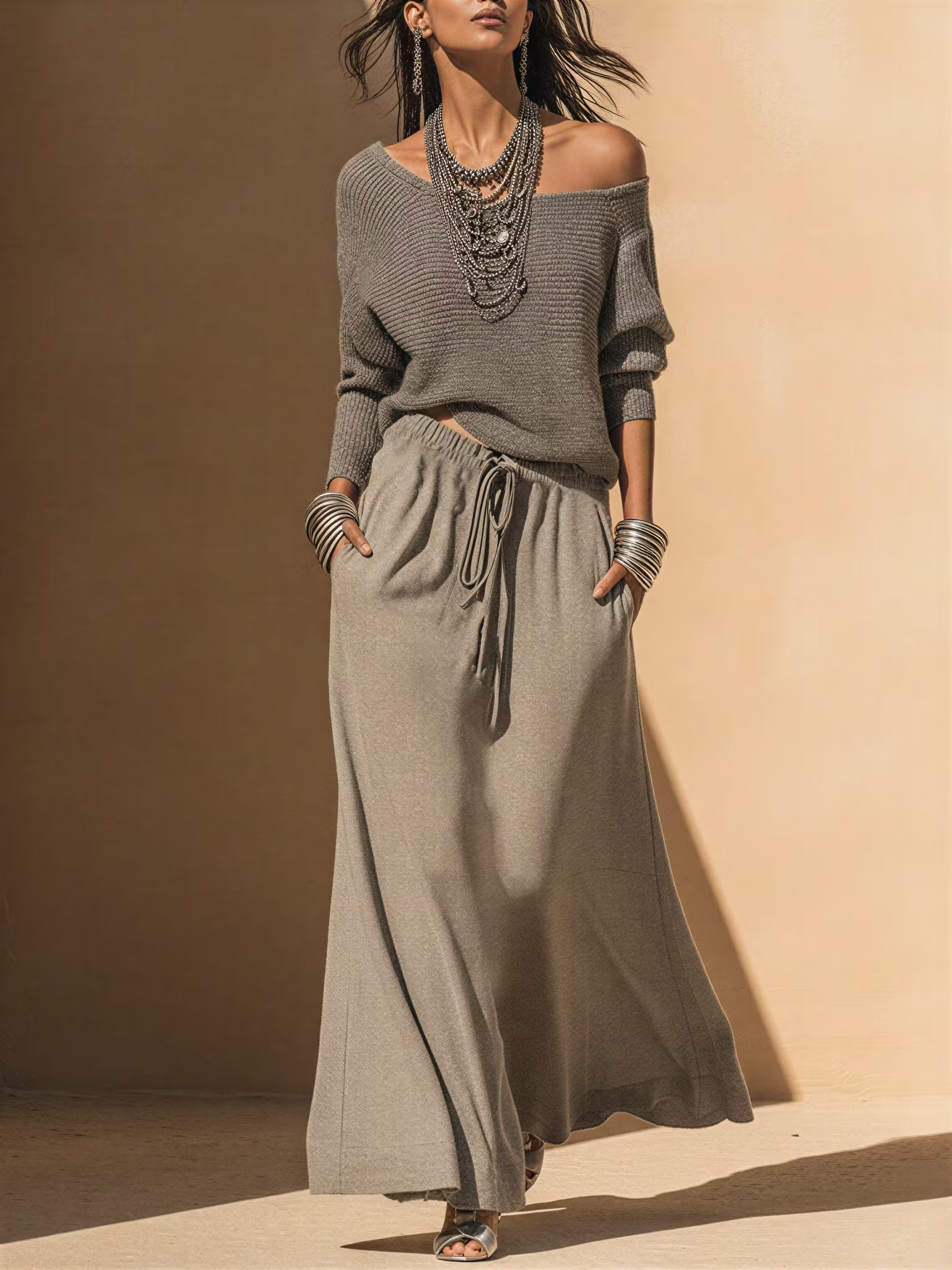Grey Knit Loose Top & Tie‑Waist Casual Maxi Dress Set