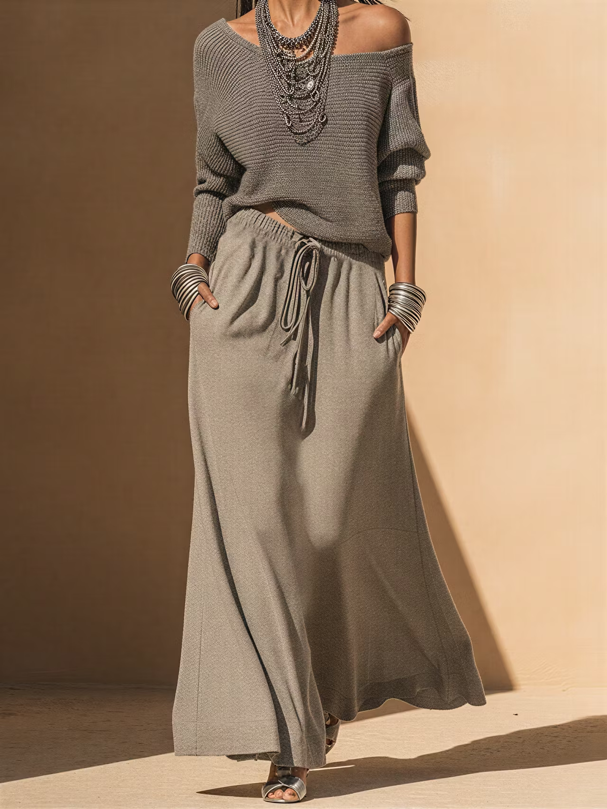 Grey Knit Loose Top & Tie‑Waist Casual Maxi Dress Set