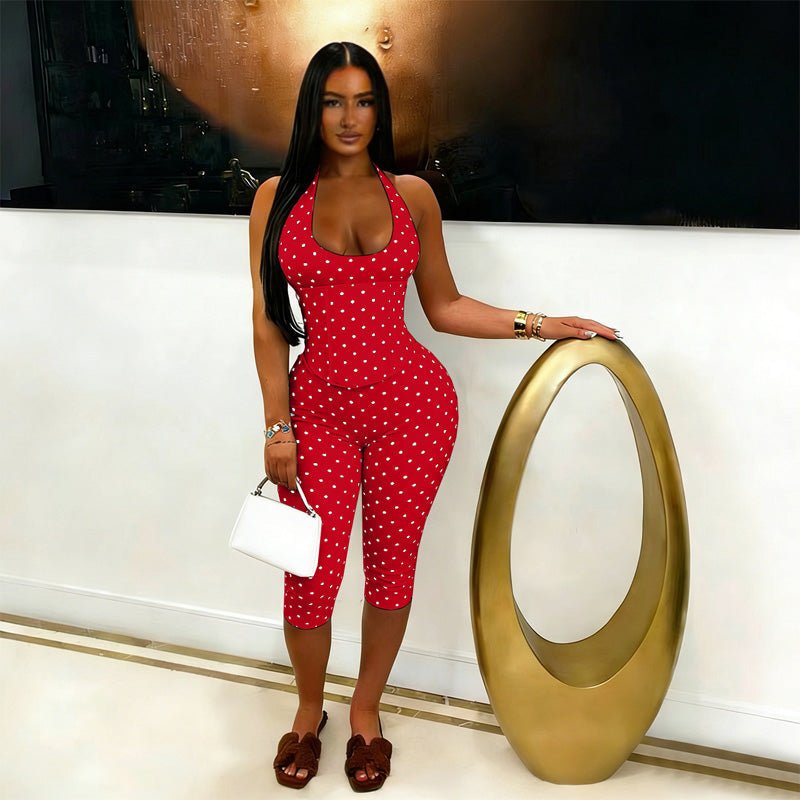 Polka dot backless suspender bodysuit faux two-piece set