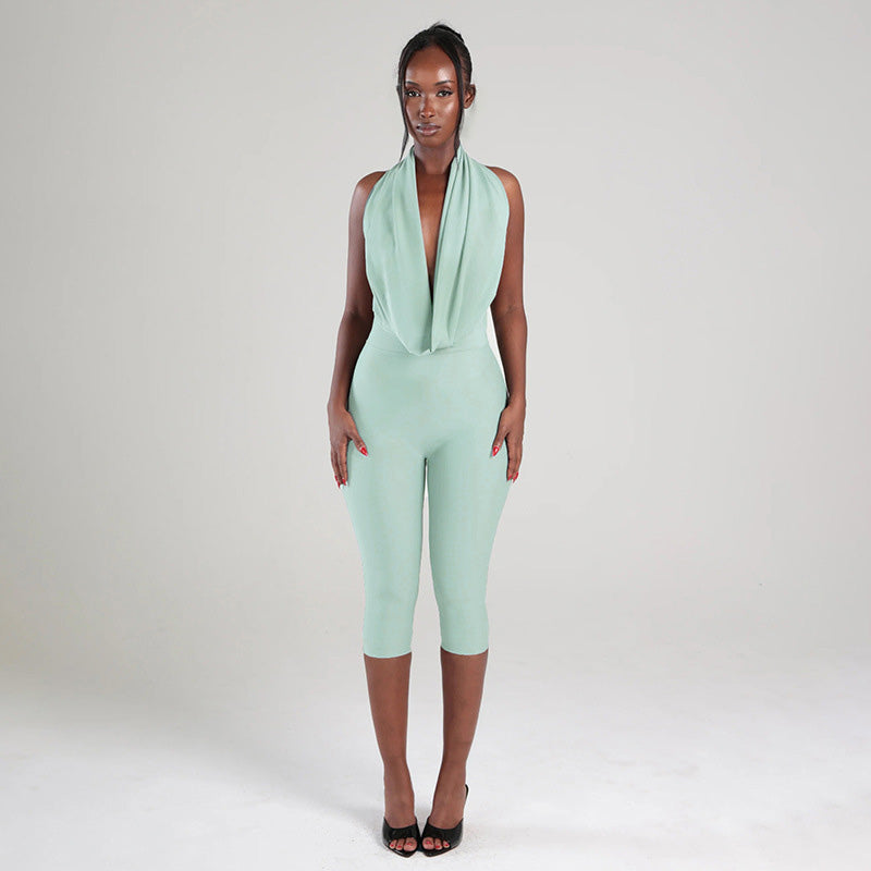 Deep V-neck backless pleated cropped jumpsuit