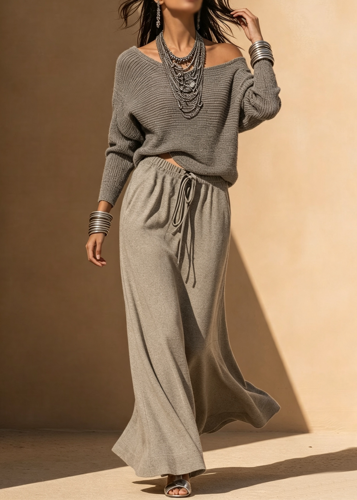 Grey Knit Loose Top & Tie‑Waist Casual Maxi Dress Set
