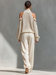 MARIA |  Knit Fabric Cold-Shoulder Turtleneck Top & Wide-Leg Pants Set