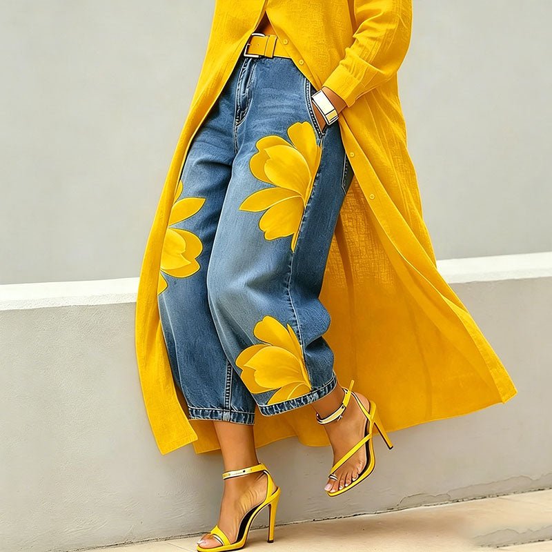 Printed straight-leg wide-leg cropped jeans