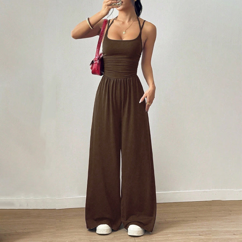 Backless Halter Ruched High Waist Wide Leg Jumpsuit