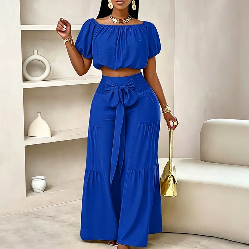 Off-shoulder puff sleeve wide-leg pants two-piece set