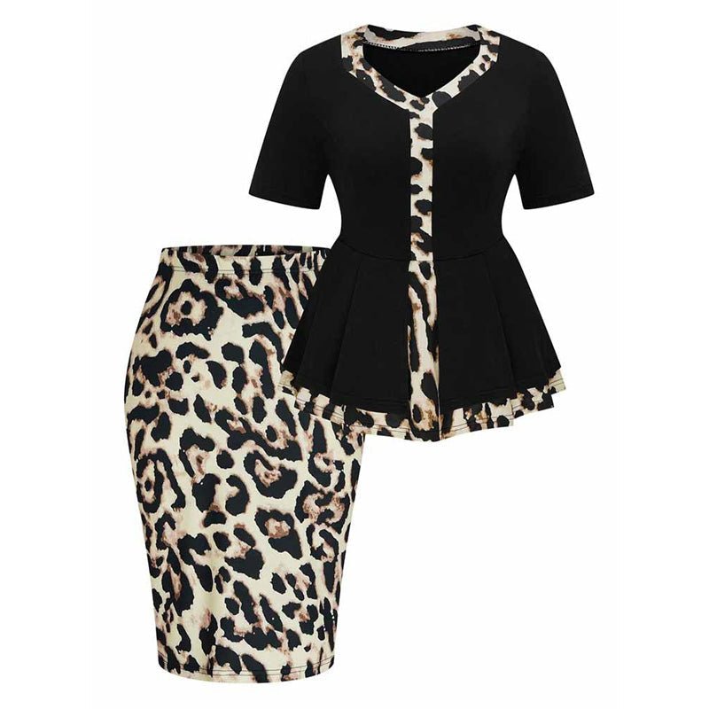 Fashionable leopard print ruffled skirt two-piece set