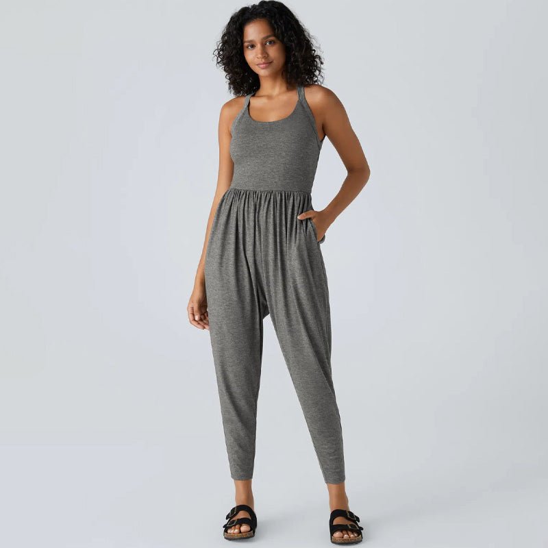 Knitted casual backless cross-strap jumpsuit