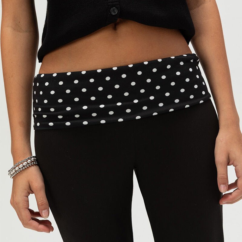 Polka dot high-waisted faux fold-over belt flared pants