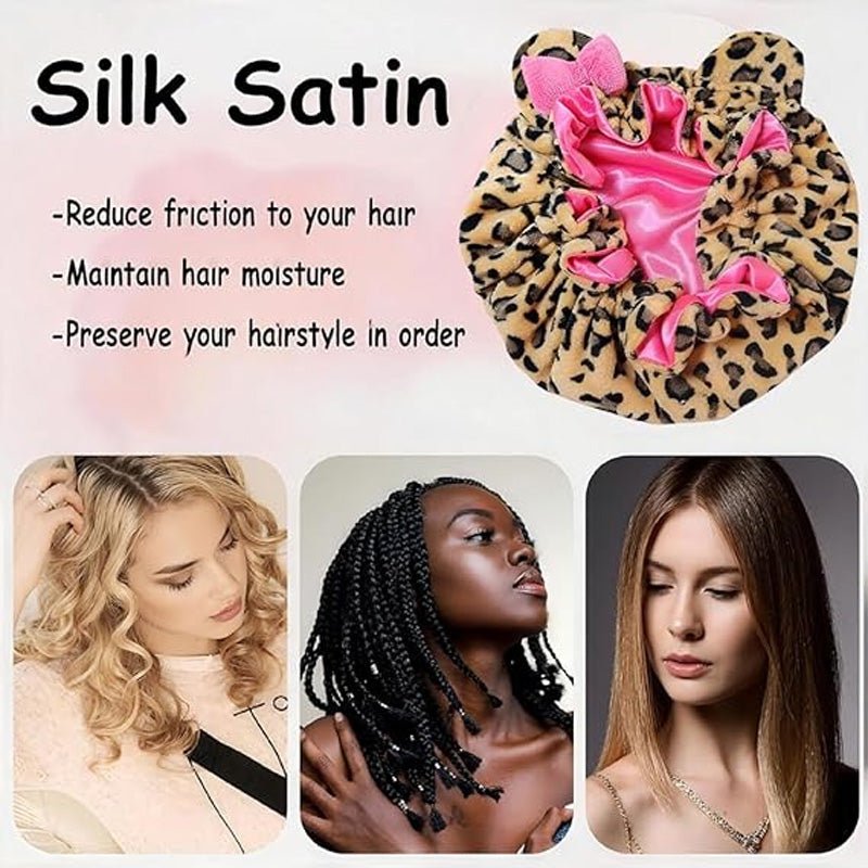 3D Ear Bow Leopard Print Satin Night Cap