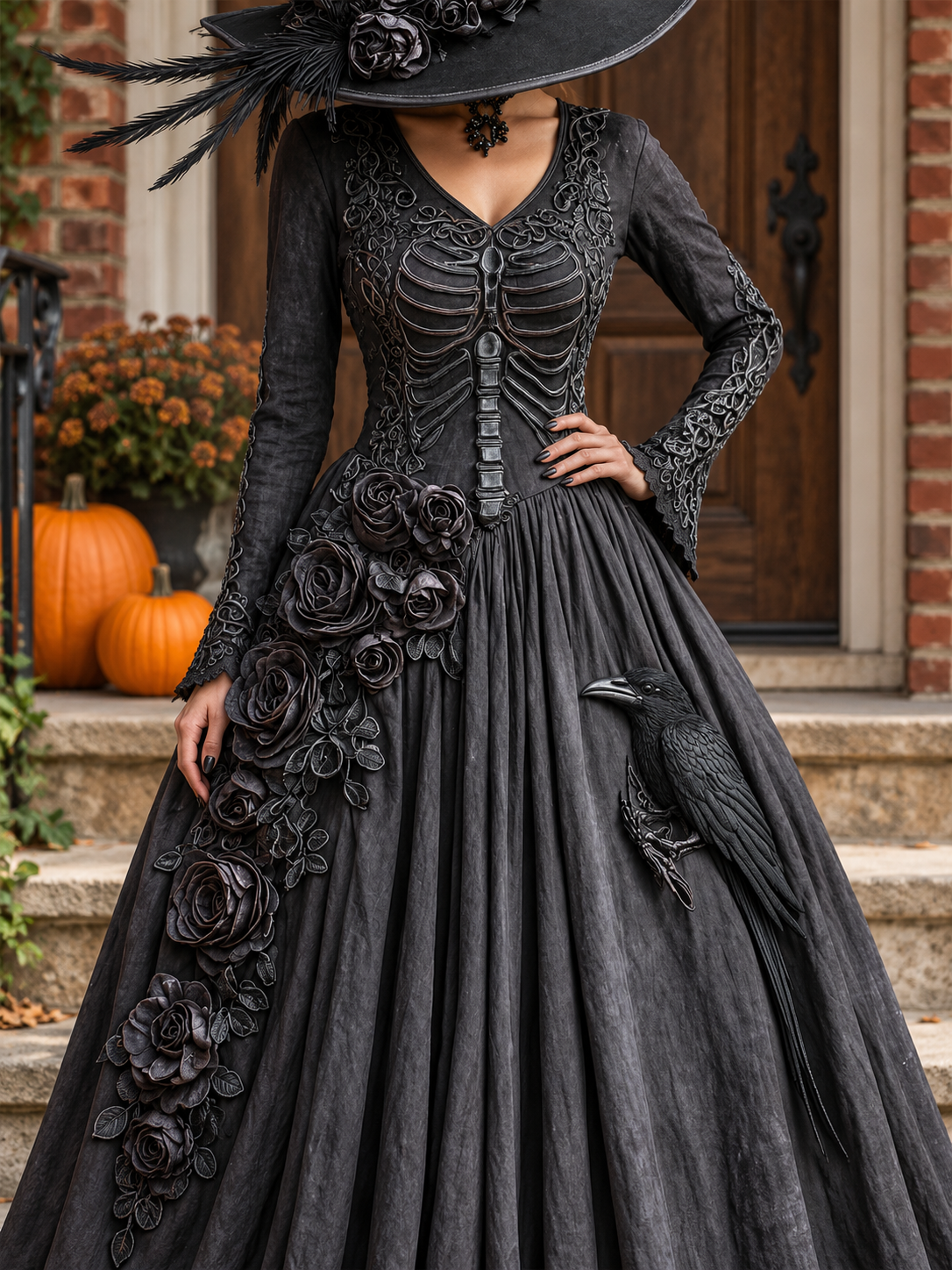Women's Halloween Black Maxi Dress | Long Sleeve